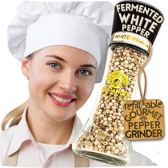 White Pepper Grinder with Fermented white peppercorns Whole Organic Peppercorns YUPANQUI - Gourmet Peppercorn Grinder with Seabreeze hints for MEDITERRANEAN CUISINE, Refillable Pepper Mill 3.5oz