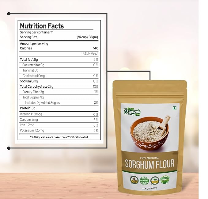 Organic Zing Pure and Organic Sorghum Flour | Organic Jowar Flour | Sorghum Flour Gluten Free | High Fiber and Preservative Free Sorghum Flour | USDA Certified | Product of India - 454gm
