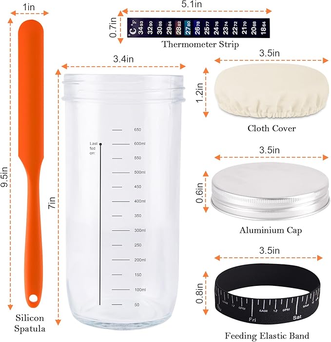 Sourdough Starter Jar, Sourdough Starter Kit With Thermometer, Scraper, Cloth Cover And Metal Lid, 24 Oz Wide Mouth Sour Dough Starter Container Use For Sourdough Bread Baking Supplies(Orange)