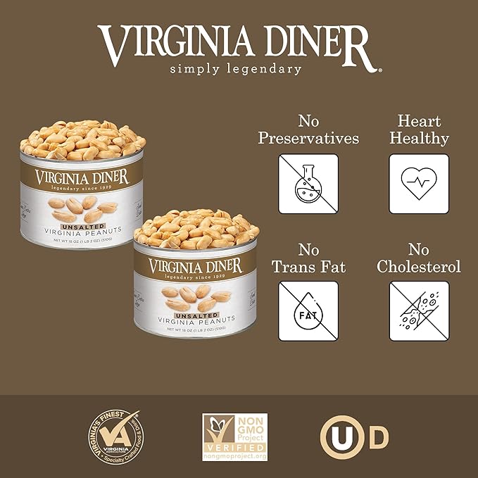 Virginia Diner Unsalted Gourmet Peanuts Blister Roasted XL Virginia Nuts All Natural VA Peanuts 18oz (2 Pack)