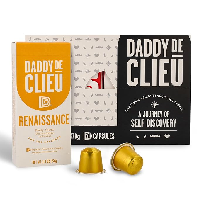 Daddy De Clieu Renaissance Coffee Pods (Sweet & Balanced, Brazil and Ethiopia, 100% Arabica Blend), Compatible with Nespresso Original Line Machines, Recyclable Aluminum Capsules, 70 Count