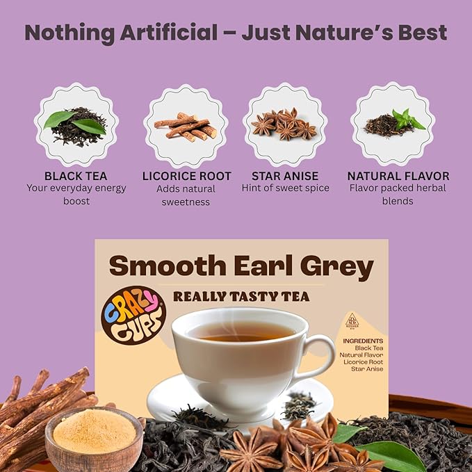 Crazy Cups Smooth Earl Grey Herbal Tea Pods, 22 Count | Caffeine Free, Kosher Certified Black Tea Blend with Licorice Root & Star Anise, K Cup Compatible, Bold Bergamot Flavor, Gluten Free, Vegan