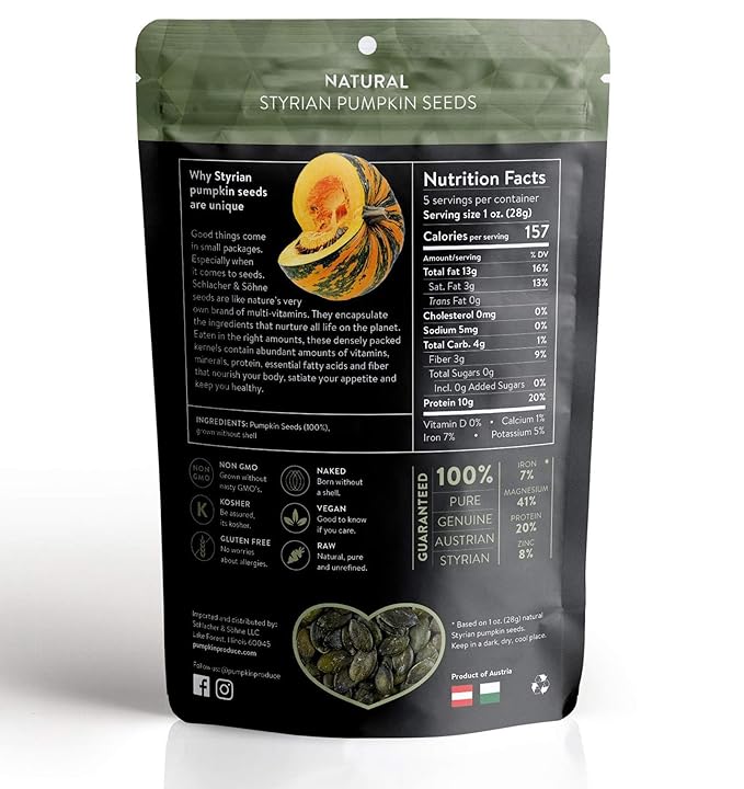 Schlacher & Söhne Styrian Pumpkin Seeds, 100% Pure & Natural, Premium Quality Pepitas, Healthy Snacks, Raw, Fresh Superfood, Unsalted, Full of Proteins, Made in Austria (Natural Seeds, 8 Ounce)