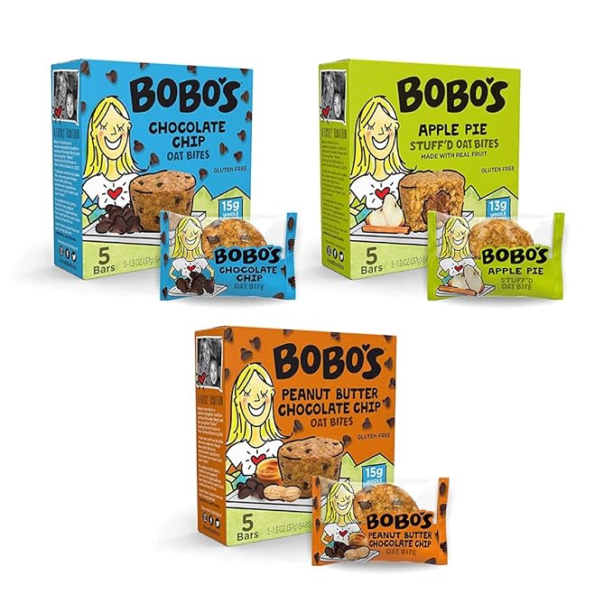 Bobo's Oat Bites Stuff???Variety Pack, (Chocolate Chip, Peanut Butter Chocolate Chip and Apple Pie) Pack of 15 (1.3 oz Bites) 5 of each, Gluten Free Whole Grain Rolled Oats