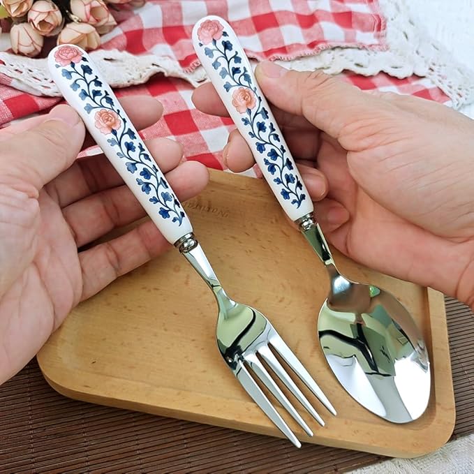20cm 8inch Dinner Fork Soup Spoon 18-10 Stainless Steel Mirror Smooth Polished Ceramic Handle,Peony Pastoral Whisper Style Table Forks, SUS304 Steak Fork (1 PCS Fork+1 PCS Spoon Peony)