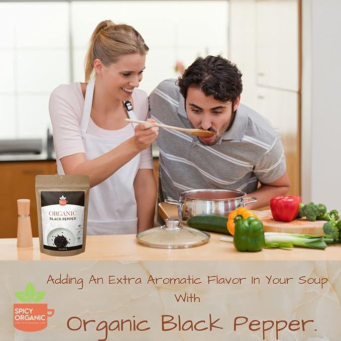 SPICY ORGANIC Black Peppercorns ??4 oz - Whole, Fresh, and Spicy Black Pepper for Grinder Refill, Premium Ceylon Quality, USDA Certified Organic, Gluten-Free, and Kosher