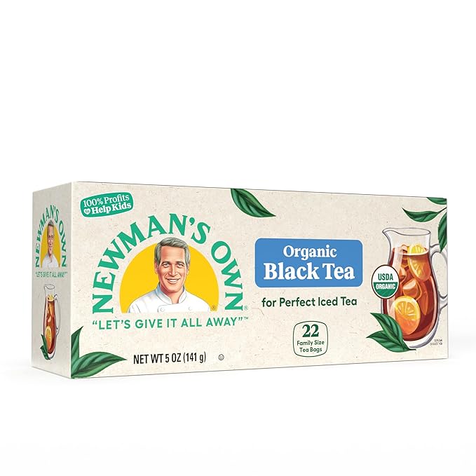 Newman's Own Organic Black Tea Boosts Immunity and Promotes Overall Wellbeing Strong Robust Unsweetened Black Tea with 22 Individually Wrapped Family Sized Tea Bags Per Box (Pack of 6) USDA Certified Contains Caffeine Brew Hot/Cold