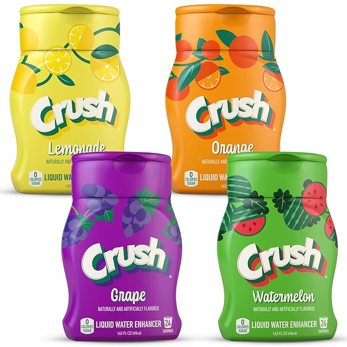 Crush, Summer Variety, Liquid Water Enhancer ??New, Better Taste! (4 Bottles, Makes 96 Flavored Water Drinks) ??Sugar Free, Zero Calorie