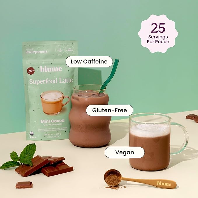 Blume Peppermint Cacao Blend - Superfoods latte with Brain Boosting Adaptogen Organic Cacao - Keto Friendly & Vegan Hot Chocolate - 30 Servings
