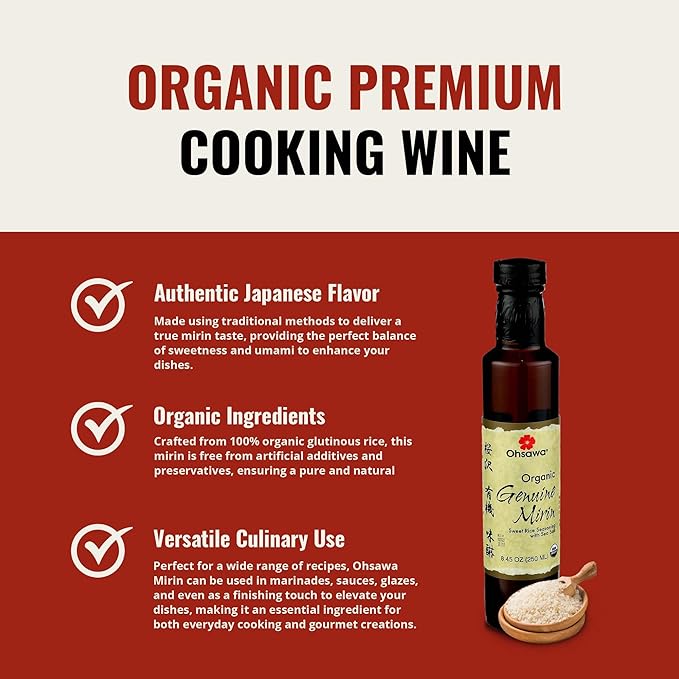 Ohsawa - Genuine Mirin, Authentic Japanese Sweet Cooking Wine, Vegan, Non-GMO, USDA Certified, Ideal for Sauces, Marinades - 8.45 oz