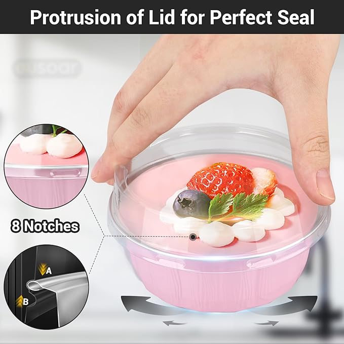EUSOAR Muffin Liners, 25pcs 9oz Pink Creme Brulee Disposable Ramekins Cake Storage Container, Cake Pans with Lids Cups Cupcakes Bread Pudding Round Holders for Wedding Birthday Theme Party