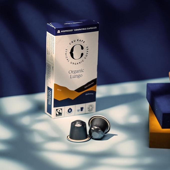 Cru Kafe Lungo Americano Strong USDA Organic Espresso Coffee Capsules (50 Pods) Fairtrade Coffee Pods Compatible with Nespresso Original Line and Pixie Machines