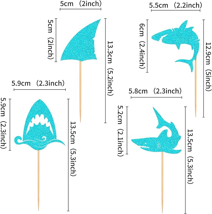 24 PCS Glitter Shark Cupcake Toppers Ocean Themed Party Shark Cake Decorations Baby Shower Birthday Party Decorations