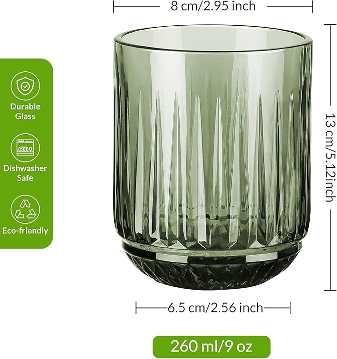 Joeyan Vintage Small Drinking Glasses,9 oz Ribbed Colored Water Cocktail Tumblers Cups,Beer Wine Juice Milk Beverages Glassware,Set of 4,Dishwasher Safe