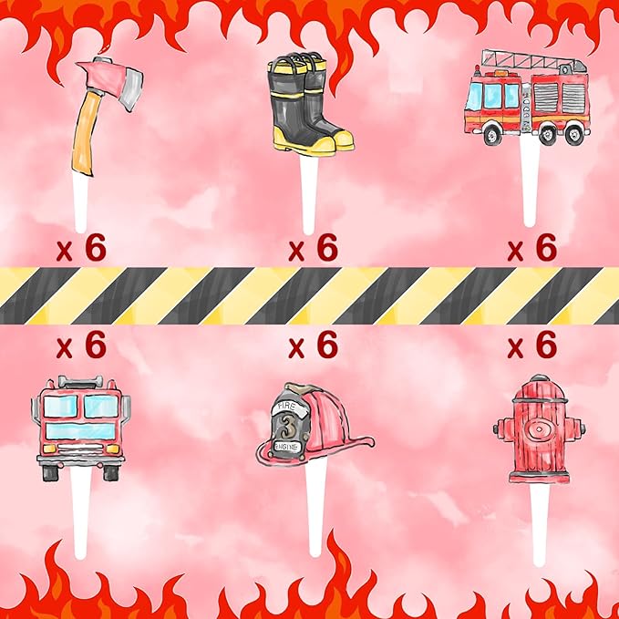36 Pcs Firetruck Cupcake Toppers - Fireman Party Decorations - Perfect for Firetruck Birthday, Fireman Baby Shower and Fire Truck Cake Decor