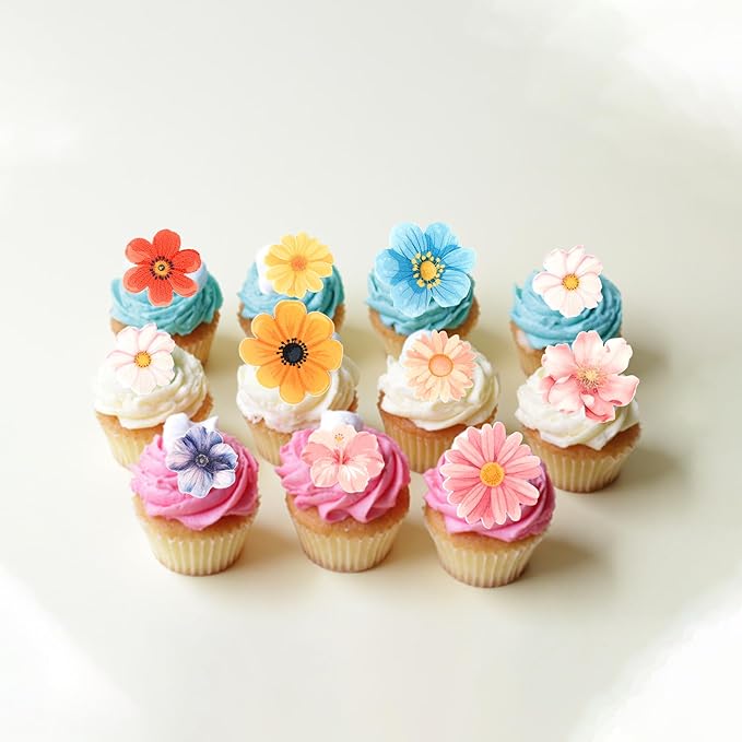 60 PCS Edible Flowers Cupcake Toppers Wafer Paper Daisy Cupcake Picks Edible Hibiscus Flower Birthday Party Decorations for Baby Shower Wedding Birthday Party Cake Food Decorations Supplies