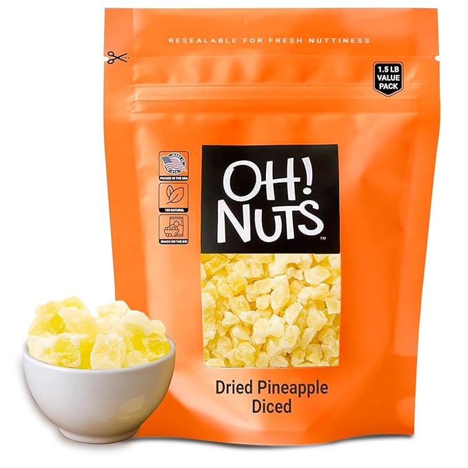 Oh! Nuts Dried Pineapple - 1.5 LB - Dried Fruit Diced - Less Sugar Added - Dehydrated Fruit Bites - Packed in New York Zip-Seal Bag for Exceptional Freshness