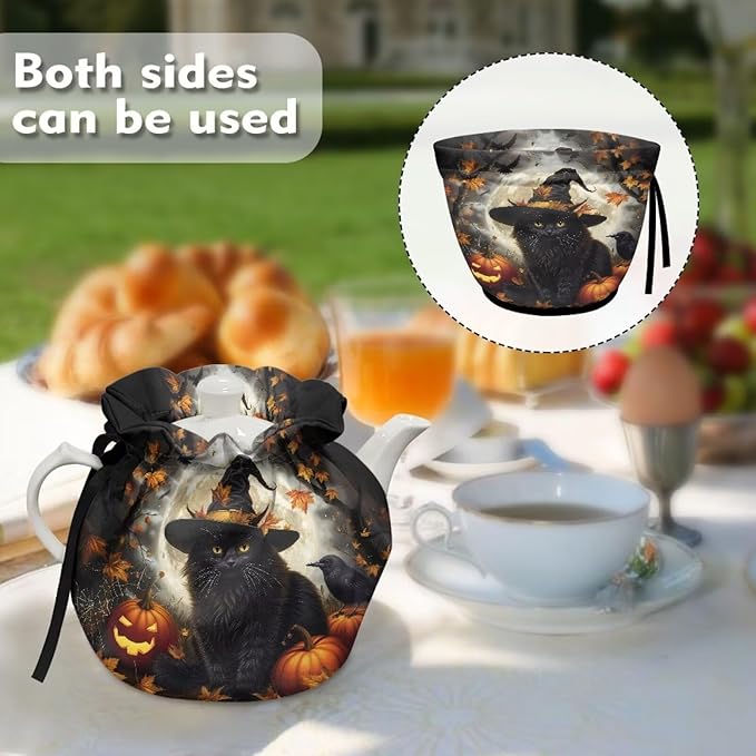 Black Cat Tea Cozy for Teapot Insulated Pumpkin Tea Cozies Covers for Halloween Day Resuable Teapot Insulation Cover with Drawstring,Designed in England Breakfast Warmer