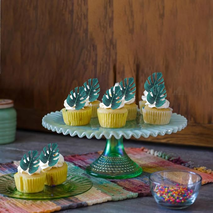 48 Pack Edible Tropical Turtle Leaf Cupcake Toppers Palm leaves Cake Picks for Summer Jungle Theme Baby Shower Kids Birthday Cake Decorations Party Supplies