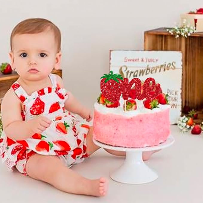 1 Pack Strawberry One Cake Topper Red Glitter Strawberry 1st Birthday Cake Pick for Fruit Theme Baby Shower Kids Birthday Party Strawberry Party Cake Decorations Supplies