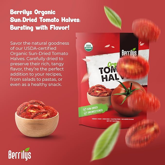 Berrilys Organic Sun-Dried Tomatoes, Salted, No Sulfur, No preservatives, Kosher, Raw, Non-GMO, Requires Pre-treatment or Cooking Before Consumption, 7oz