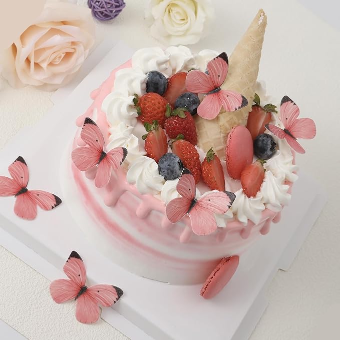 50PCS Edible Butterflies for Cake Decorating Pink Butterfly Cake and Cupcake Toppers Small Pastel Wafer Paper butterfly Decor for Wedding Baby shower Birthday Cake Topper Pink
