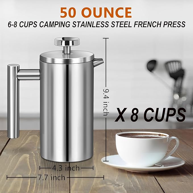 Large French Press Coffee Maker 50oz(1.5L), 304 Stainless Steel Double Wall Insulated Tea Press for Camping, Backpacking, Party, Gift Set, Dishwasher Safe (Silver, 6-8 Cups)