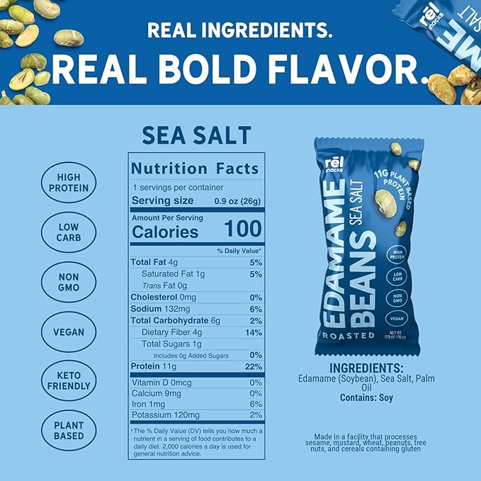 R휆l Snacks Sea Salt Roasted Edamame ??High Protein Low Carb Snack (11g Protein per Serving) ??Keto-Friendly, Vegan, Non-GMO ??10-Pack 0.9oz Bags