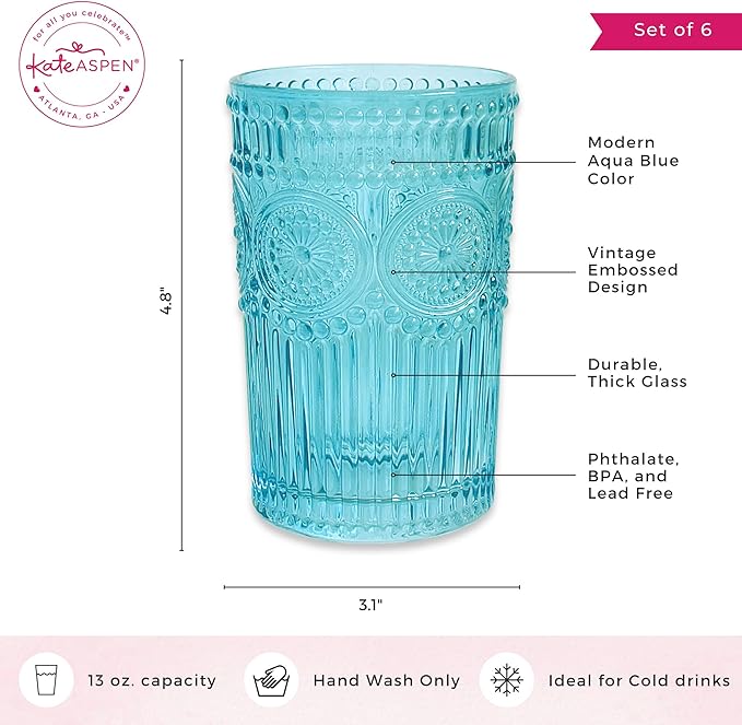 Vintage Textured Aqua Blue Striped Drinking Glasses Set of 6-13 oz Ribbed Glassware with Flower Design | Cocktail Set, Juice Glass, Water Tumbler