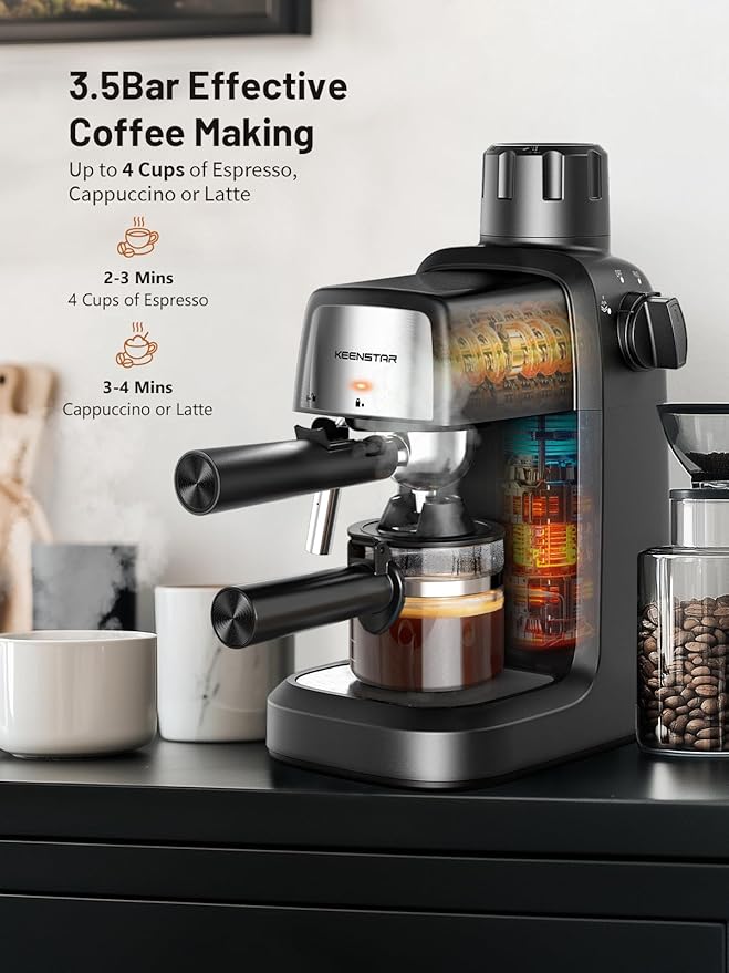 3.5Bar Espresso Machine with Milk Frother, 800W Compact Espresso and Cappuccino Machine with Preheating Function, 4 Cup Espresso Maker for Cappuccino or Latte, Gift for Coffee Lover