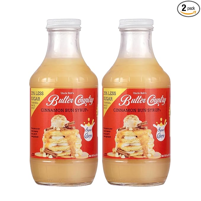 Uncle Bob's Butter Country Rich & Creamy Cinnamon Bun Flavored Buttermilk Syrup for Pancakes, Waffles, French Toast, & More, No Corn Syrup, Gluten Free, 16 fl oz Bottle/2 Pack