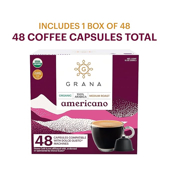 G GRANA Americano USDA Organic Dolce Gusto Compatible Coffee Pods, 100% Arabica Single Source Specialty Coffee, 48 Single Serve Pods