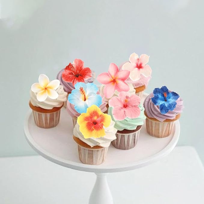 56 PCS Edible Flowers Cupcake Toppers Wafer Paper Flower Birthday Party Decorations Edible Hibiscus Wildflower Cupcake Picks for Baby Shower Wedding Birthday Party Cake Food Decorations Supplies