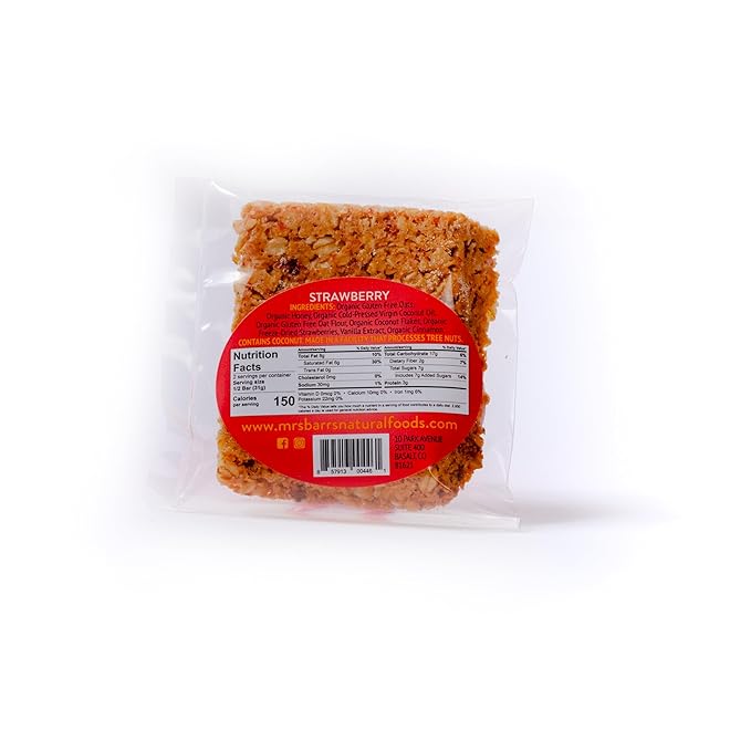 Mrs. Barr’s Natural Foods Granola Bars | Honey Strawberry | Certified Organic Gluten Free Oats | Soft Texture | Small Batch | Gourmet Quality | Real Ingredients | 2.2 Ounces (6 Pack)