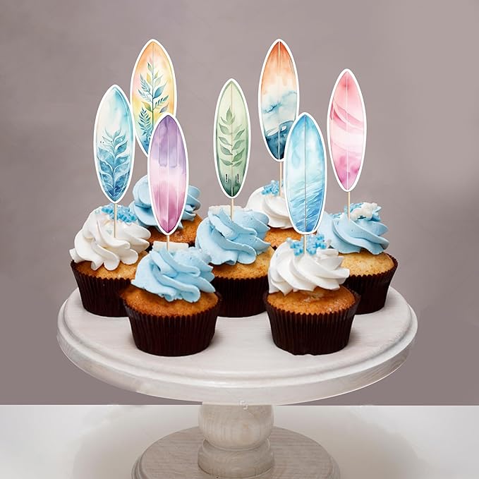 40 Pack Surfboard Cupcake Toppers Double Sided Surfboard Palm Tree Coconuts Cupcake Picks Holiday Beach Surf Cake Decorations for Summer Beach Theme Baby Shower Birthday Party Supplies