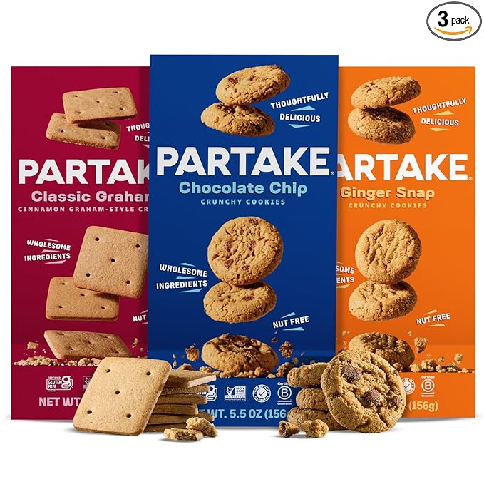Partake Gluten Free Crunchy Cookies Variety Pack (Chocolate Chip, Ginger Snap, Classic Graham Cracker) - Vegan - Free From the Top 9 Allergens Including Dairy, Wheat, Soy, Eggs, & Peanuts - Non GMO - Safe School & Office Snack (3 Pack, 5.5oz Boxes)
