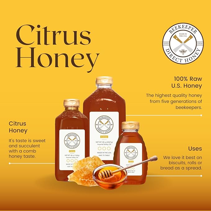 Beekeeper Direct Raw Unfiltered Honey - Real Raw Citrus Honey - All Natural Non-GMO Pure Gourmet Honey - Local California Orange, Grapefruit, and Lemon Honey (3lbs Squeeze Bottle)