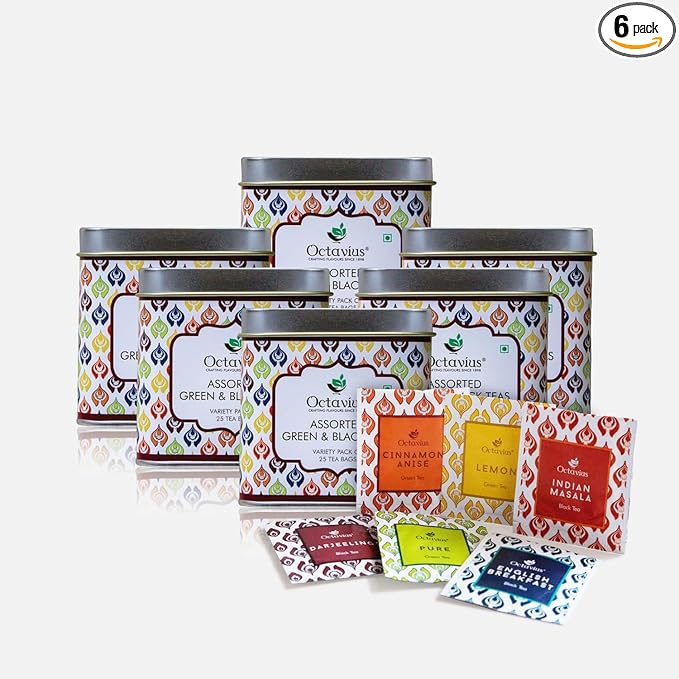 Octavius Tea Variety Pack | 6 Assorted Black & Green Teas | 25 Teabags Each | Tea Sampler Pack | Pack of 6 | 150 Teabags Total | Premium Indian Tea Collection