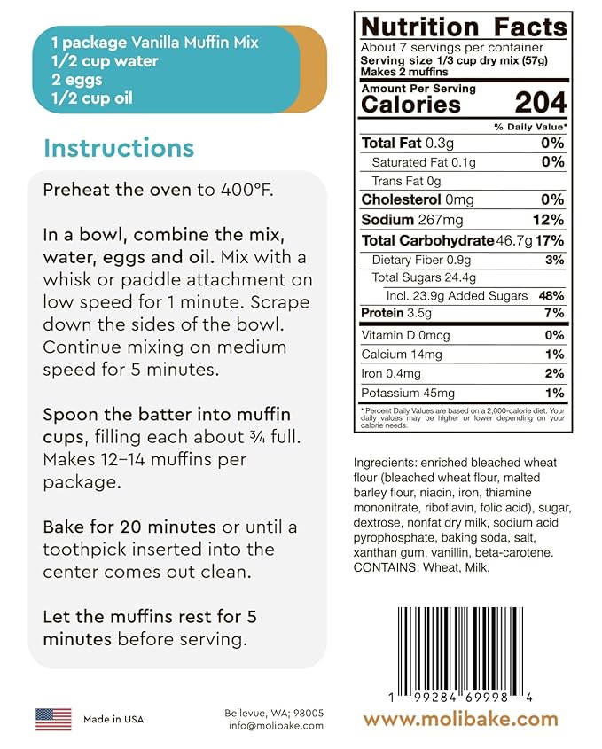 Molibake Vanilla Muffin Mix - Pack of 1 ??Premium Vanilla Muffin Baking Mix for Home Oven and Muffins Maker ??14 oz ??All-Natural Easy-to-Use Mix for Fluffy, Bakery-Style Homemade Muffins