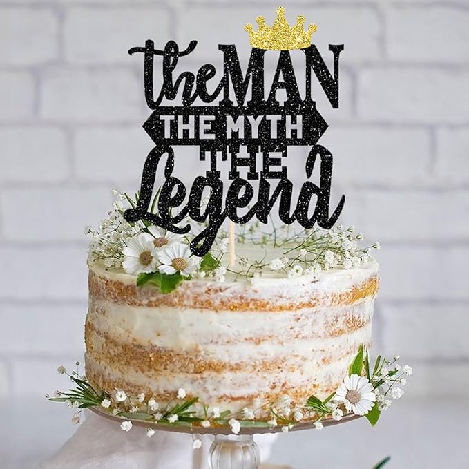 Rsstarxi 1 Pack The Man The Myth The Legend Cake Topper Glitter Happy Father's Day Cake Pick Dad's Birthday Theme Cake Decorations for Happy Retirement Theme Father's Birthday Party Supplies Black