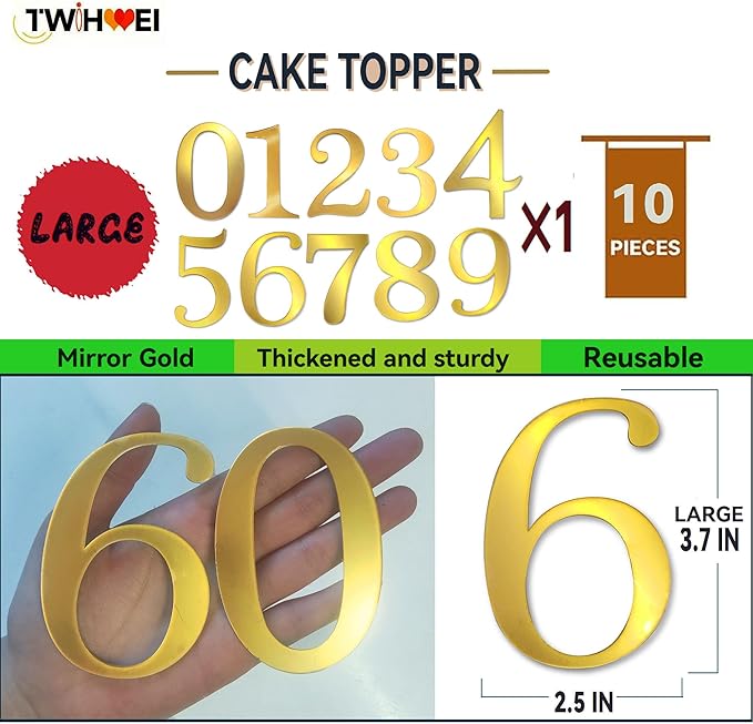 Big 0-9 Gold Birthday Number Cake Toppers 3.7 IN Large Golden Acrylic Happy Anniversary Cake Topper Sticks For Diy Handmade Cake Sign Decorations 10 Pcs Cupcake Topper Party Supplies Set