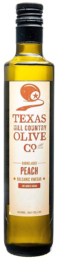 Peach Balsamic Vinegar - Gourmet Barrel Aged Infused Balsamic Vinegar - Great for Dressing Dipping Glazing - No Artificial Flavors or Added Sugar - Made in Texas (16.9 oz)
