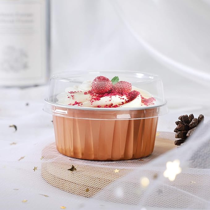 EUSOAR Disposable Foil Ramekins with Lids, 60pcs 5oz Cupcake Liners Aluminum Foil Baking Dessert Cups, Mini Muffin Creme Brulee Ramekins Cheesecake Pan for Catering Wedding Party Favor-Rose Gold