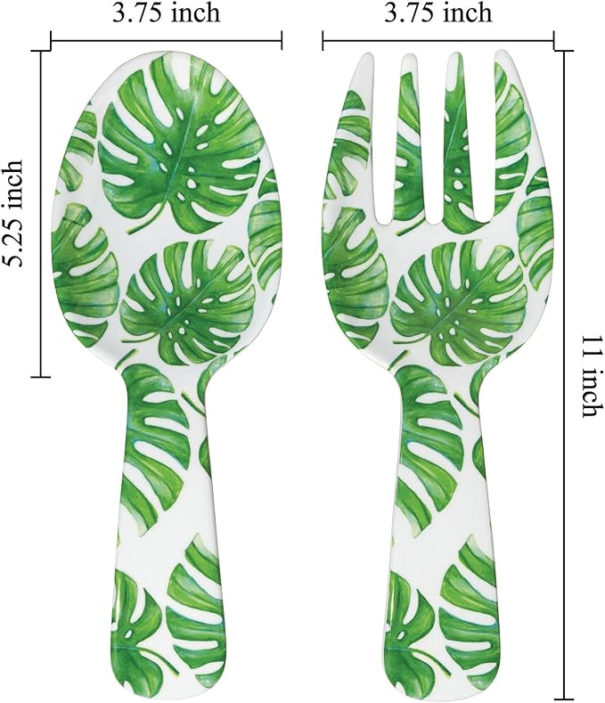 UPware Monstera Melamine Salad Servers, Serving Utensil Set, Includes Serving Fork and Spoon for Tossing Salad, Pasta, Green, 10.75 Inch, Set of 2