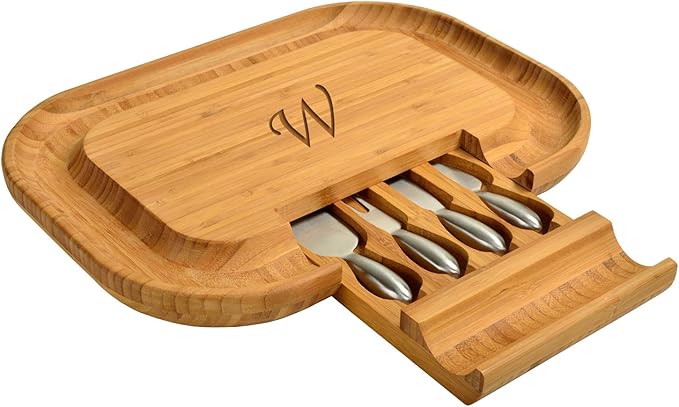 Picnic at Ascot Personalized Monogrammed Engraved Bamboo Cutting Board for Cheese & Charcuterie - includes Knife Set & Cheese Markers- Designed & Quality Checked in USA