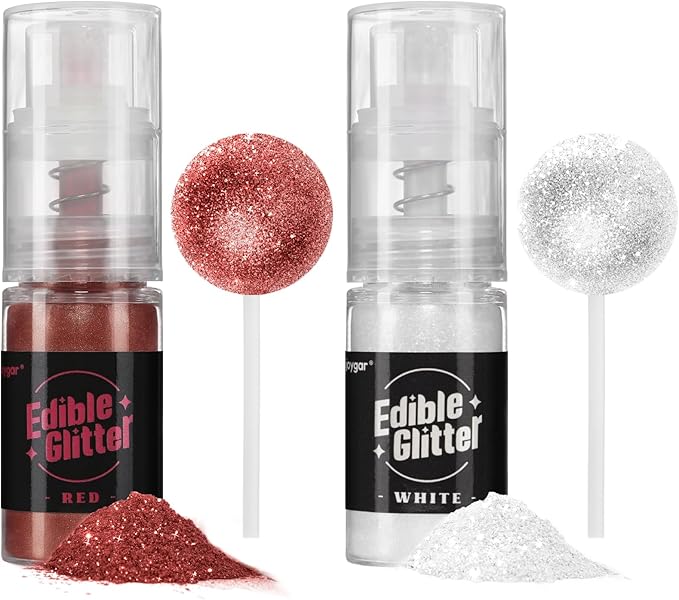 Sujoygar Edible Glitter Spray 2 Colors, Red and White Edible Glitter for Cocktails, Shimmer Powder Luster Dust Edible for Cake Drink Strawberrie Cupcake Cookies Christmas Baking Decoretion, Vegan(5g/Bottle)