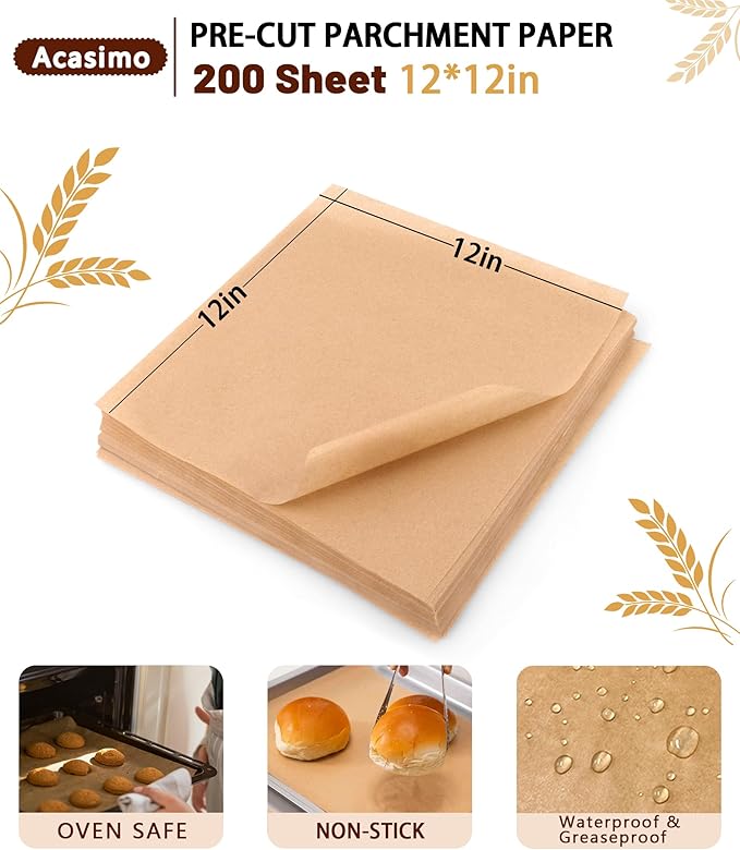 Parchment Paper Sheets, 200Pcs 12x12 Inch Squares Precut Parchment Sheets for Baking, Grilling, Air Fryer, Non-Stick Square Pan Liners Oven Paper for Bread, Cake, Cookies, Roasting, Wrapping, Steaming