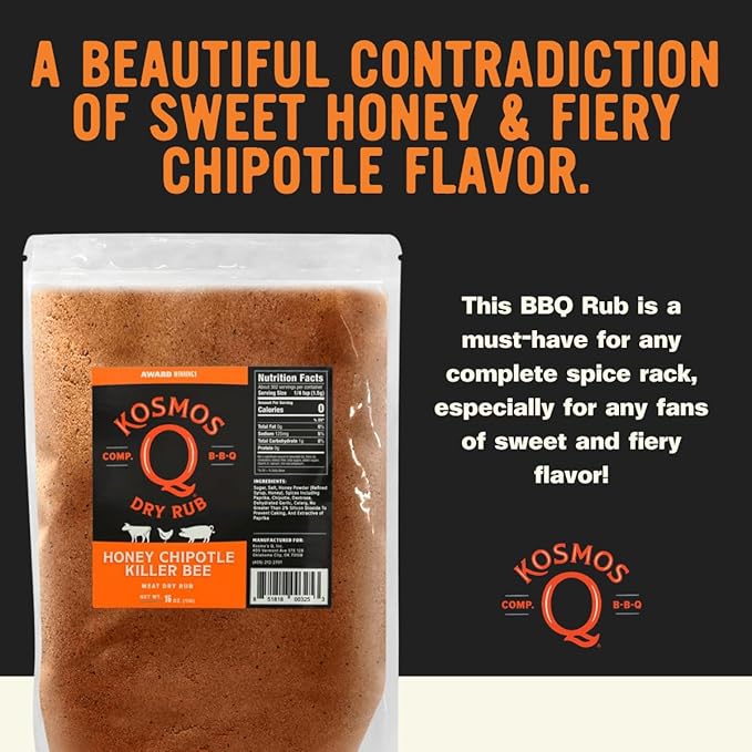 Kosmos Q Honey Chipotle Killer Bee BBQ Dry Rub, Sweet and Spicy Seasoning with Sugar, Chipotle, Garlic, and Paprika for Ribs, Pulled Pork, Chicken, Dry Rub For Smoking and Grilling Meat, 16 Oz Bag