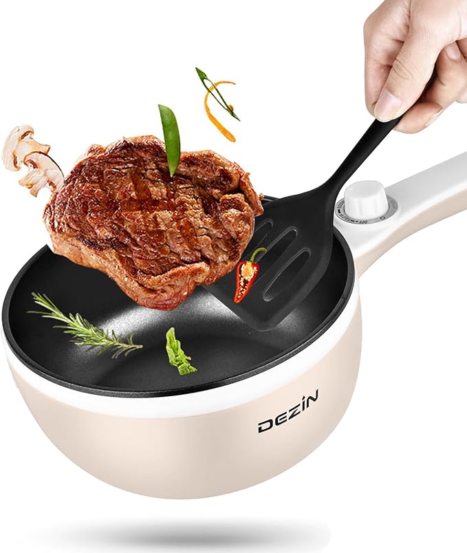 Dezin Hot Pot Electric Upgraded, Non-Stick Saut챕 Pan, Rapid Noodles Electric Pot, 1.5L Mini Portable Hot Pot for Steak, Egg, Fried Rice, Ramen, Oatmeal, Soup with Power Adjustment