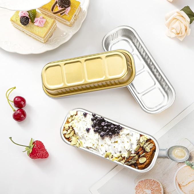 EUSOAR Gold Cupcake liners with Lids, 50pcs 6.8oz 6.5"x2.5"x1.2" Aluminum Disposable Ramekins Pan with Lids,Cupcake Baking Cups Containers Wrappers Dessert Cheesecake Creme Brulee Mini Loaf Cake Pan